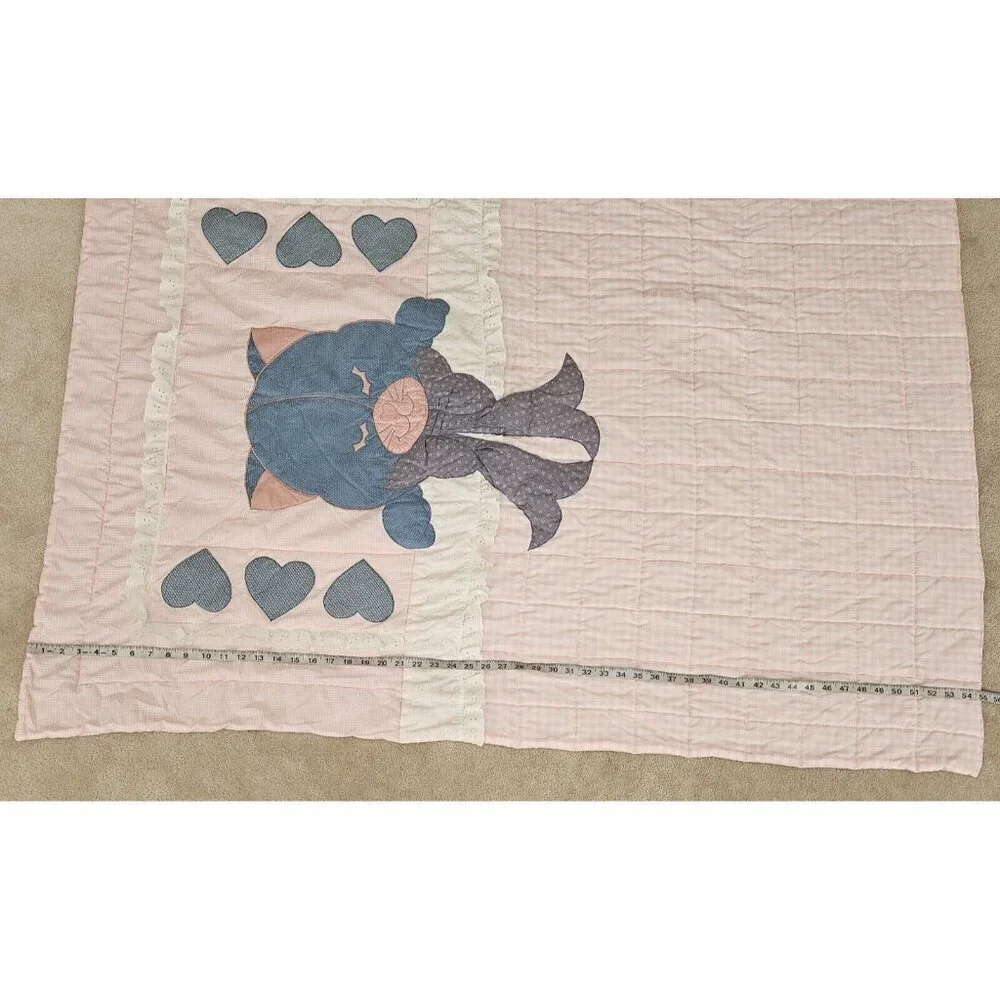 VTG Cuddle Cat Handmade Blanket Quilt 41x55 Pink White Gingham Blue Kitty Hearts
